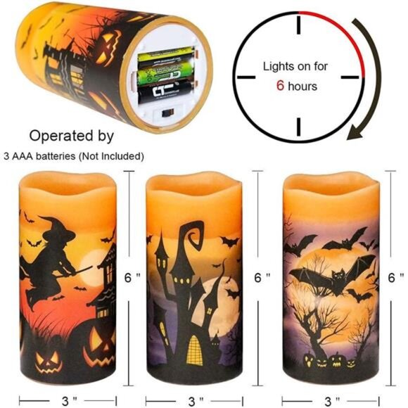 Halloween LED Flameless Candles Set of 3 Orange Wax Timer Flickering Decor - Picture 6 of 7